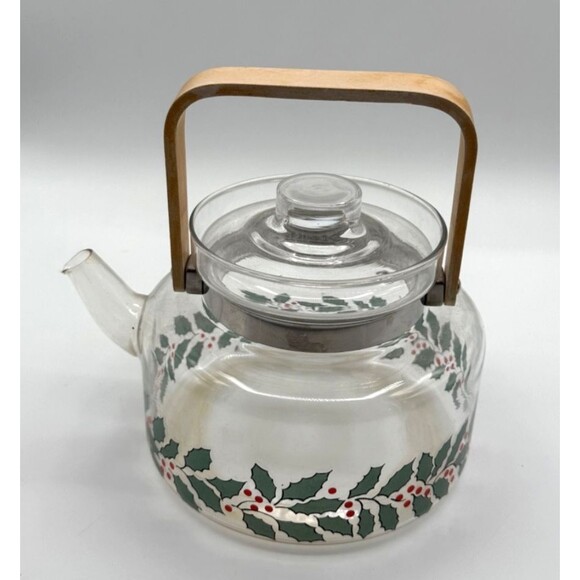 Christmas Handblown Tea Kettle Holly Berry Pattern Heat Resistant Glass Cookware - Picture 1 of 9